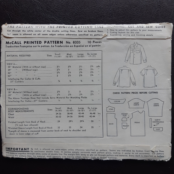 1950s McCall Men's Shirt Sewing Pattern -Long & Short Sleeved 8335 - Picture 2 of 10